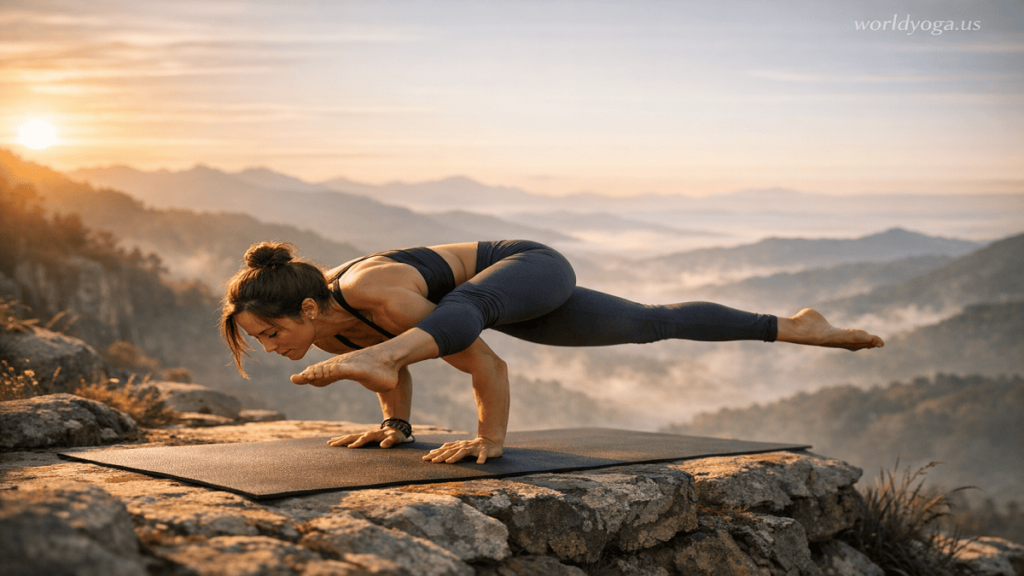 Yogi performing Maksikanagasana I arm balance outdoors on a mountain cliff at sunrise with one leg extended and one hooked on the arm.