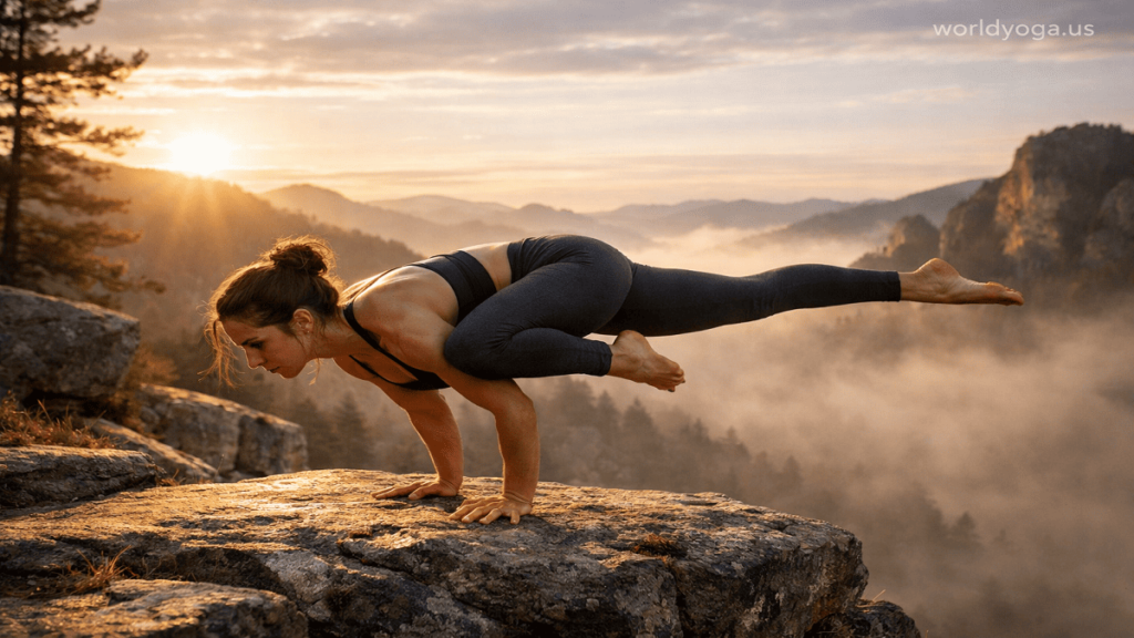 A yogi balancing on both hands in One-Legged Crane Pose II with an asymmetrical leg position in a calm yoga studio with natural light.