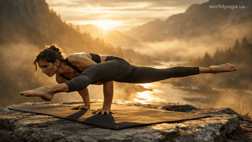 A yogi balancing on both hands in Parshva Hasta Eka Pada Koundinyasana I with a deep spinal twist and legs extended in opposite directions in a yoga studio.