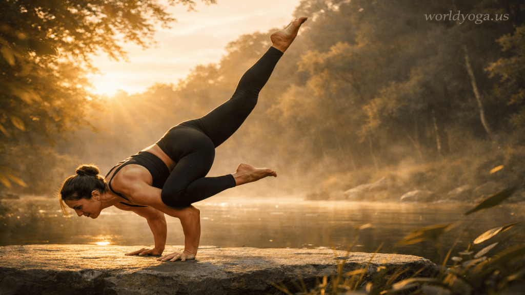 A yogi performing Vishama Eka Pada Bakasana I, balancing on both hands in an arm balance pose, with one knee resting on the upper arm and the other leg extended backward in a straight line, demonstrating strength and control in a minimalist yoga studio setting.
