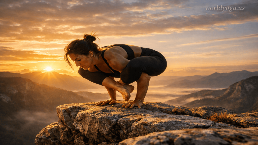 An advanced yogi performing Bhujapidasana on a mountain cliff at sunrise with body lifted in arm balance and watermark “worldyoga.us” in top right corner.