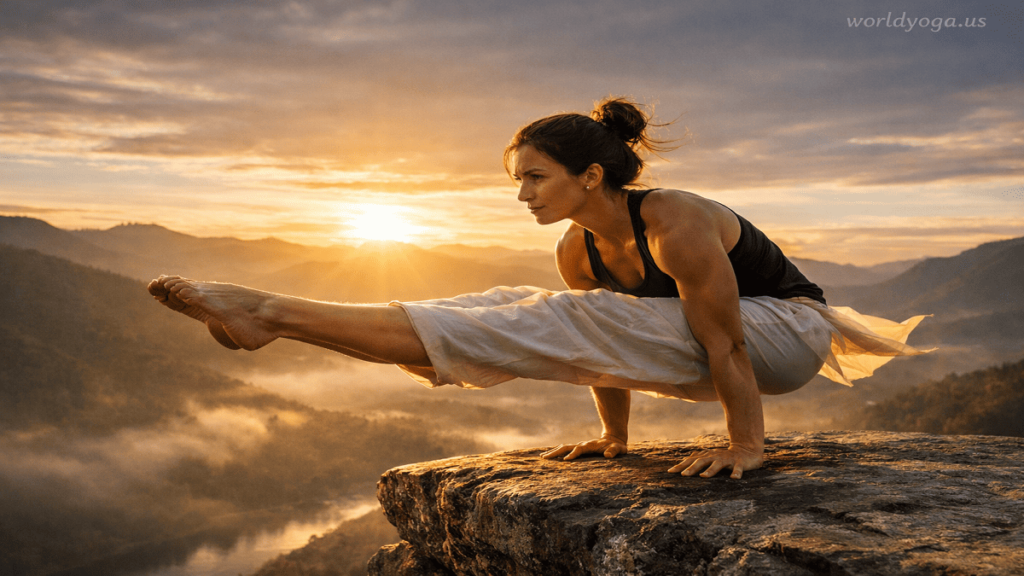 An advanced yogi performing Dwi Hasta Bhujasana on a mountain cliff at sunrise with legs extended forward and watermark “worldyoga.us” in the top right.
