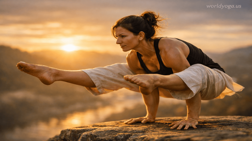 A yoga practitioner performing Firefly Pose (Tittibhasana), balancing on hands with legs extended forward, demonstrating strength and flexibility.