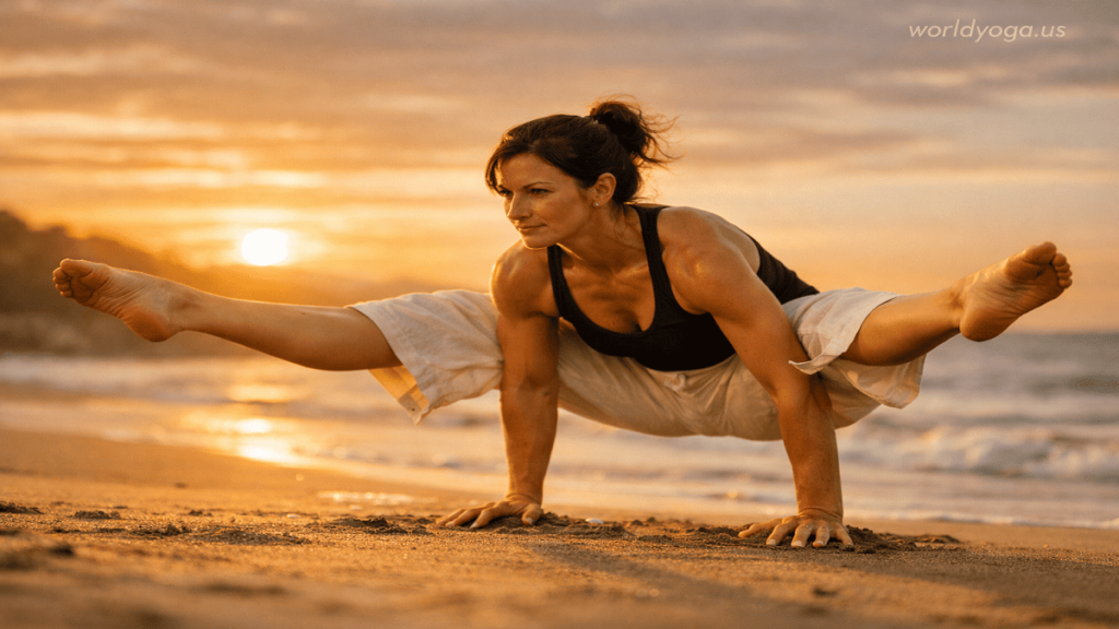 A yoga practitioner performing Lifted Feet Spread Out Pose (Utthita Tittibhasana), balancing on hands with legs extended wide in a straddle, demonstrating strength and flexibility.