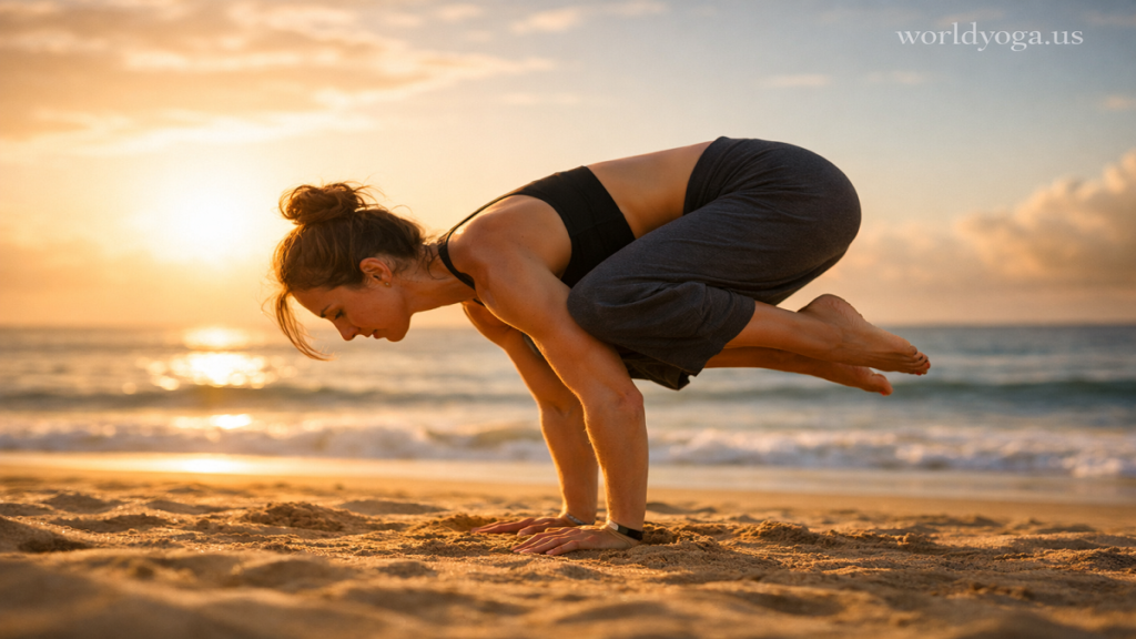 A person performing Crow Pose yoga arm balance on a mat, balancing body weight on both hands with knees resting on upper arms, in a calm studio environment.