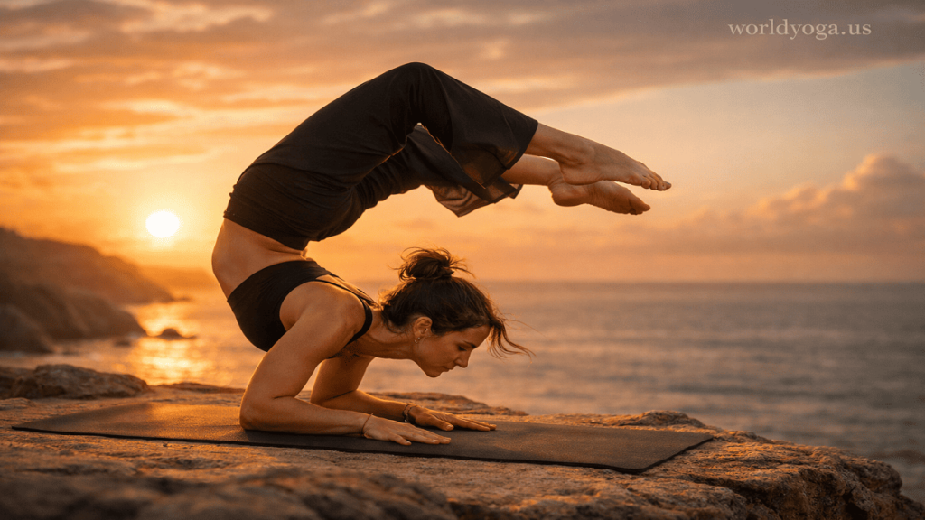 An advanced yoga practitioner performing an inverted scorpion pose (Utthita Dwi Pada Vṛishchikasana), balancing on forearms with a deep backbend and both legs arched overhead in a controlled studio environment.