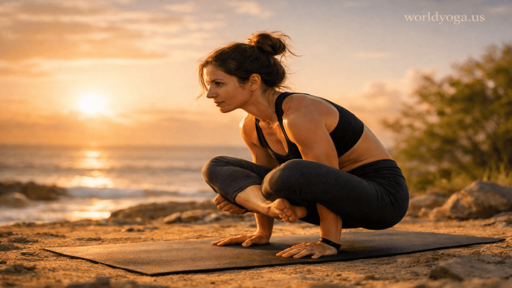 A yoga practitioner performing an arm balance (Crow Pose) with feet and sitting bones lifted off the floor, balancing on hands with knees resting on upper arms in a focused indoor studio setting.