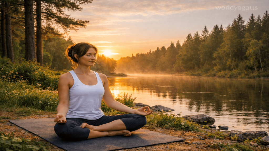 A yogi performing a seated hip-opening meditation pose outdoors at sunrise in a forest or riverside setting with soft golden light.