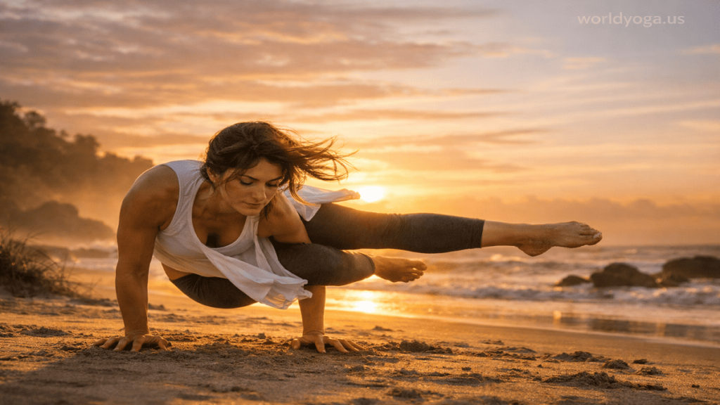 A yogi performing One Leg Over The Shoulder arm balance outdoors at sunrise in a natural setting, floating on hands with one leg over the shoulder and the other extended, with “worldyoga.us” watermark in the top right.