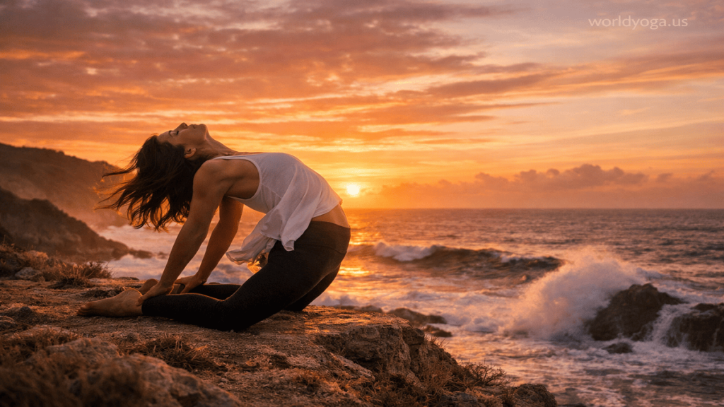 A person performing a yoga backbend on a cliff at sunset overlooking the ocean with dramatic golden sky lighting.
