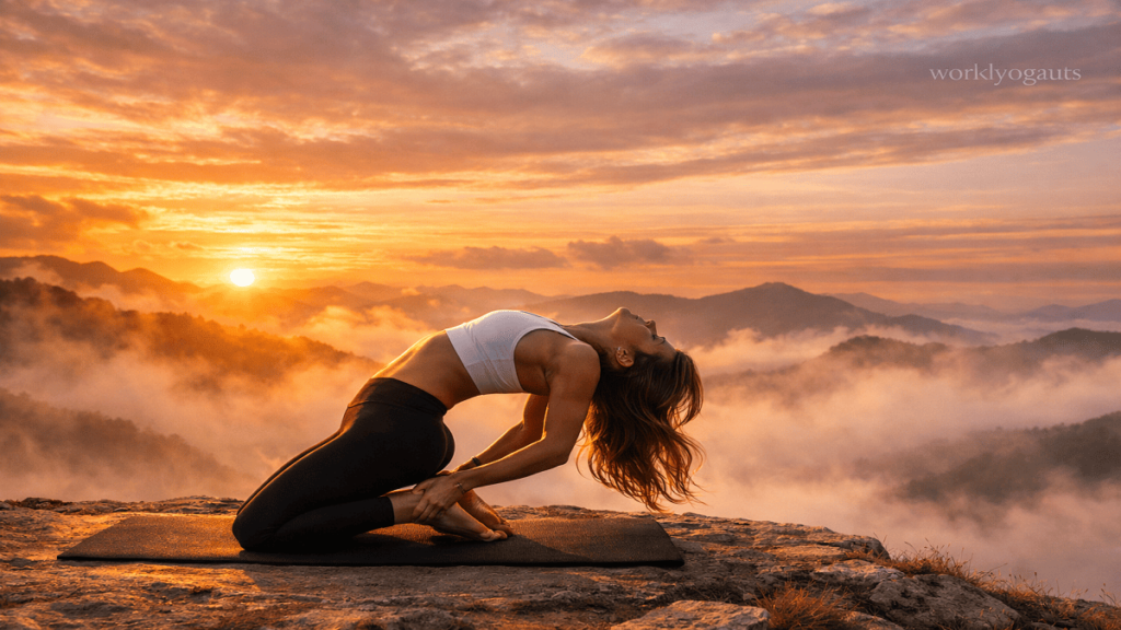 A person performing Little Thunderbolt Pose outdoors at sunrise on a mountain or cliff, with warm golden light and a deep backbend posture.