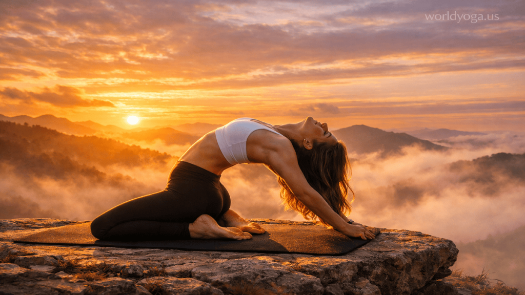 A person performing Kapotasana outdoors at sunrise on a cliff, showing a deep backbend with glowing golden light and open chest posture.