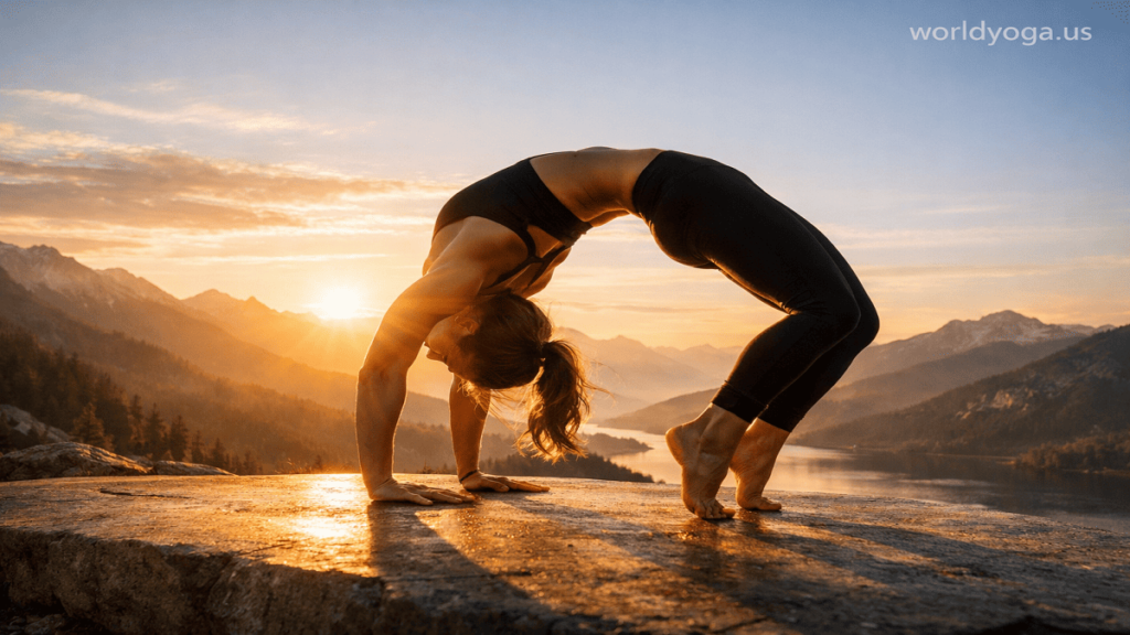 An advanced yoga practitioner performing a deep wheel pose variation with strong spinal arch, arms and feet grounded, chest lifted upward, and forefoot engagement, in a calm studio environment with soft natural lighting.