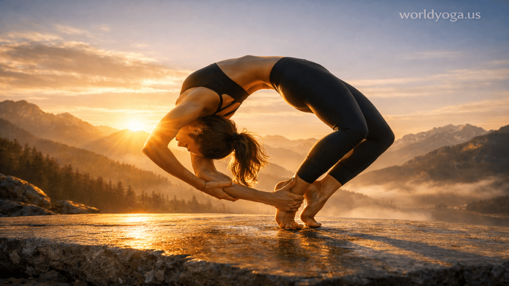 An advanced yogi performing Tip Toe Bound Wheel Pose in a deep backbend with hands and forefeet grounded, heels lifted, chest open, and strong spinal arch in a calm, well-lit yoga studio environment.