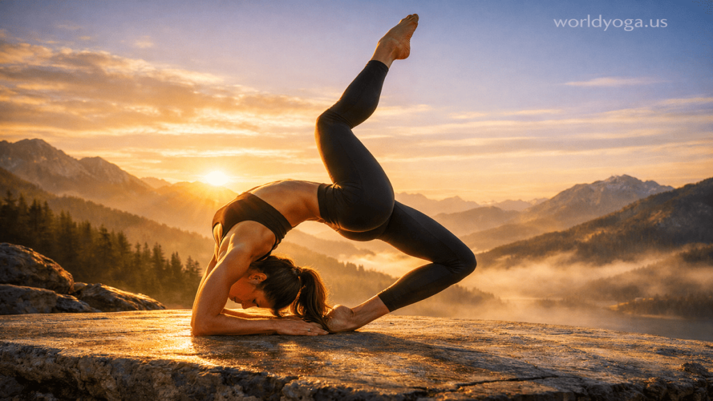 Advanced yogi performing a Forearms-on-the-Floor One-Legged Backbend with deep spinal arch, forearms grounded, one leg lifted upward, and strong core engagement in a controlled yoga studio environment.