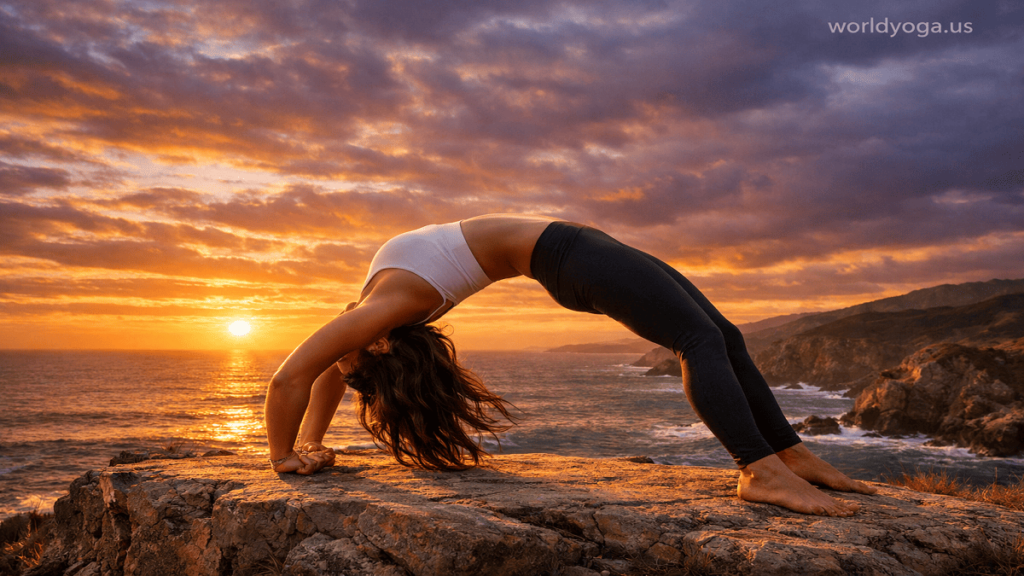 Yogi performing Baddha Hasta Dwi Pada Viparita Dandasana on a cliff at sunset with ocean background and dramatic lighting.