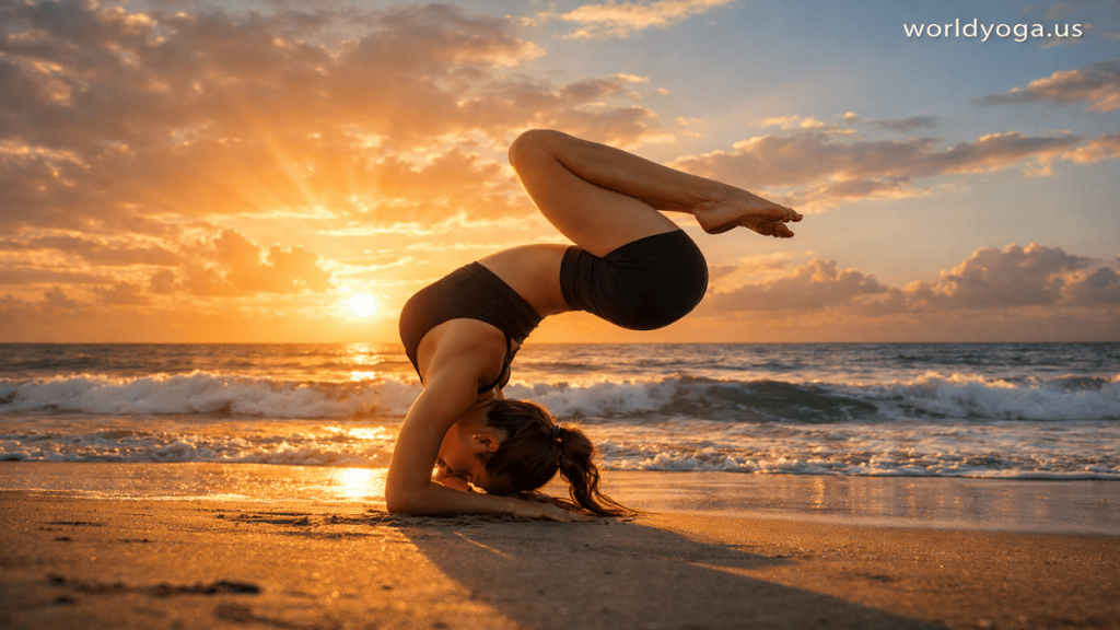 Yogi performing Backbend Headstand Arm Position 5 on beach at sunrise with ocean background and inverted pose.