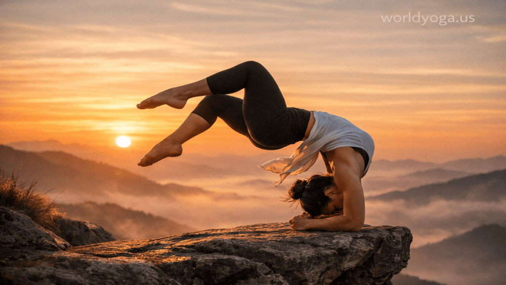 A yogi performing an advanced inverted headstand backbend on a mountain cliff at sunrise with dramatic sky and misty valley below.