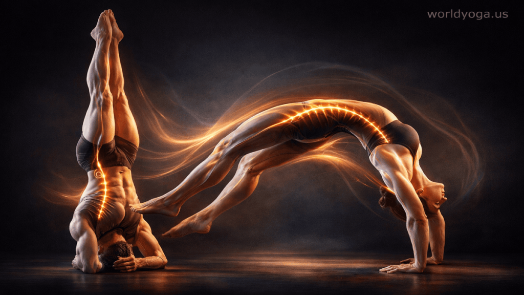 A stylized anatomical figure blending headstand and wheel pose elements with glowing energy lines highlighting spinal alignment, with a small “worldyoga.us” watermark in the top right corner.