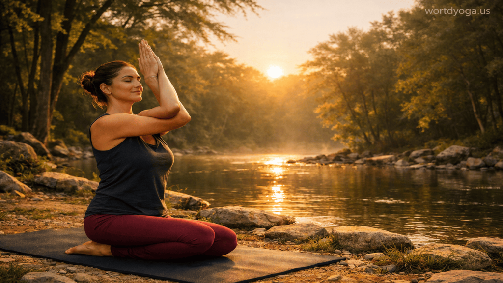 A person practicing kneeling Cow Face Pose with Eagle arm variation outdoors in a forest clearing at sunrise with warm natural light.