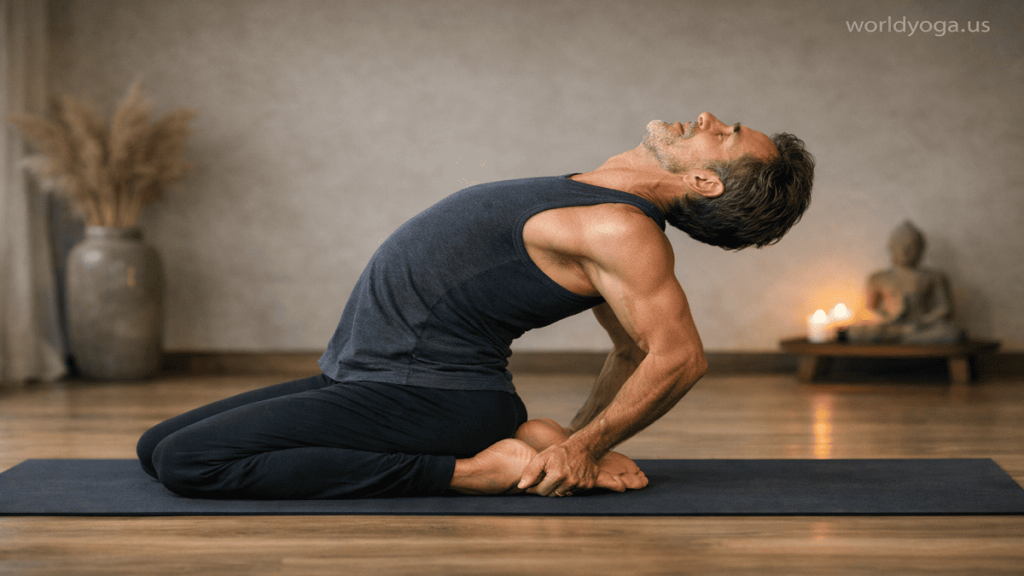 Yoga practitioner performing an advanced Camel Pose variation with legs in Cow Face Pose position, showing stacked knees, open chest, and deep backbend in a studio setting.