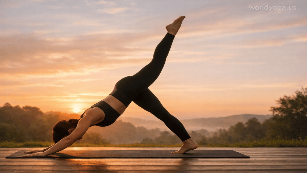 Yoga practitioner performing One-Legged Downward Dog with knees together, maintaining a squared pelvis and strong upper body alignment.