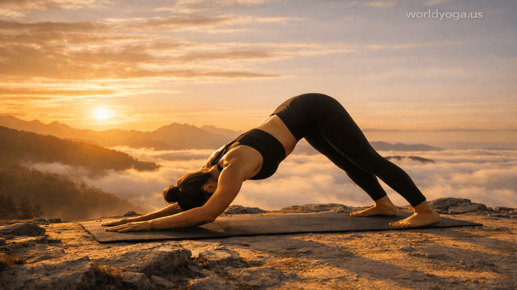 A person practicing Downward-Facing Dog pose on a mountain cliff at sunrise with hands on the ground, hips raised high, legs strong, and head relaxed between the arms.