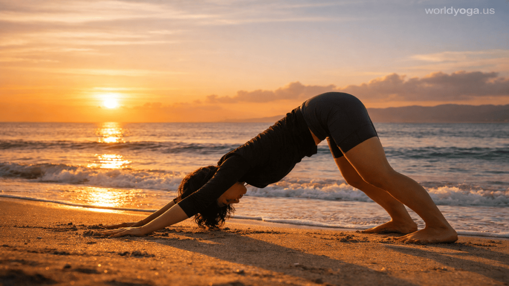 Downward Dog: Knees Bent. A person performing Downward Dog with bent knees on a beach at sunrise, hands on sand, hips lifted, spine extended, and knees softly bent in a stable inverted position.
