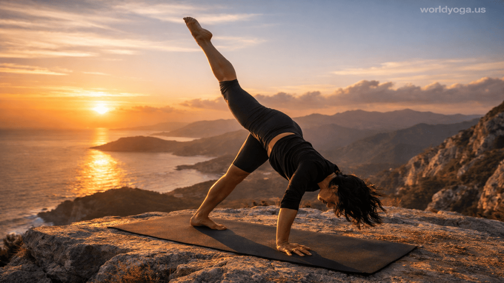 Advanced yogi performing One-Armed, One-Legged Downward Dog pose on a yoga mat with strong body alignment, one hand and opposite foot grounded while the other arm and leg are lifted for balance.