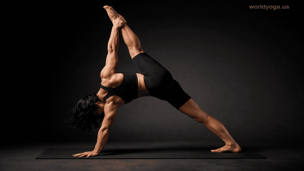A person performing an advanced one-legged downward-facing dog yoga pose on a beach at sunrise, holding their ankle with one hand while balancing in an inverted V-shape.