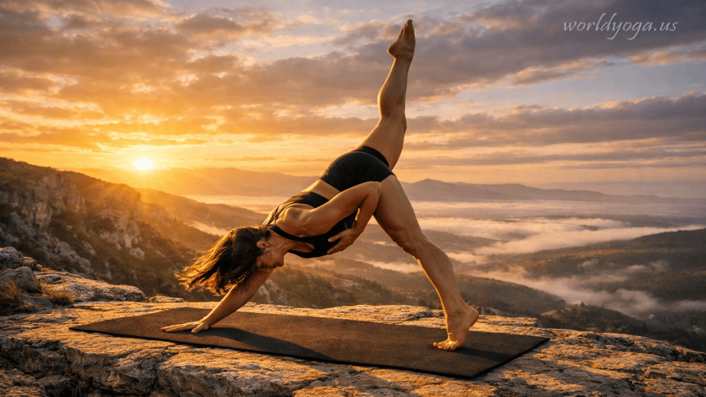 A person holding Hand to Knee One-Legged Downward Facing Dog Pose on a mountain cliff at sunrise with one leg lifted and opposite hand reaching toward the knee.