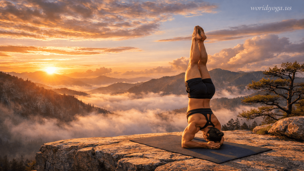 An advanced yogi holding a Forearm Stand pose on a mountain cliff at sunrise with dramatic skies and a “worldyoga.us” watermark in the top right corner.