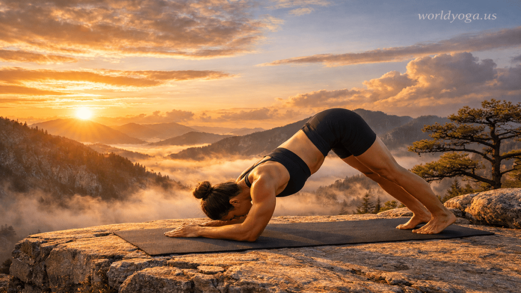 An advanced yogi holding Dolphin Pose on a mountain cliff at sunrise with strong alignment and a “worldyoga.us” watermark in the top right corner.