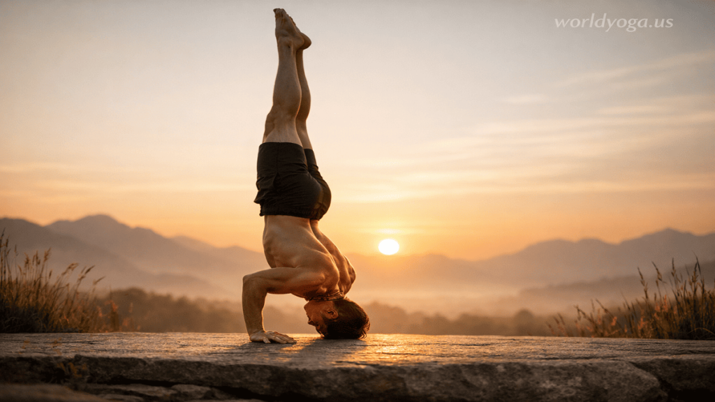 An advanced yogi performing a one-arm headstand with straight legs in a vertical alignment, demonstrating strength and balance in a studio setting with minimal background.