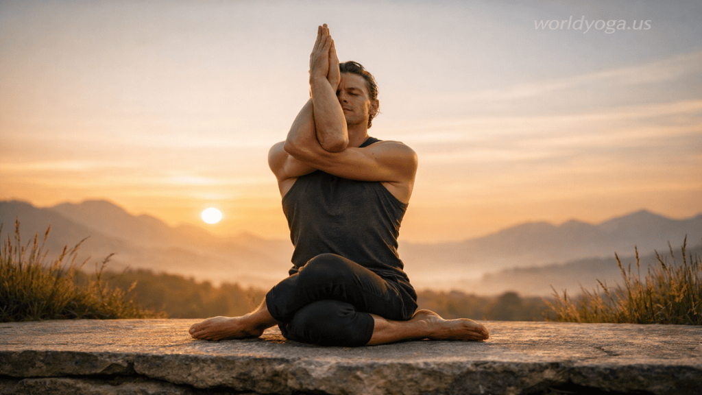 An advanced yogi performing a kneeling Cow Face Pose combined with Garuda-inspired arm variation, demonstrating deep shoulder binding, hip stacking, and upright spinal alignment.