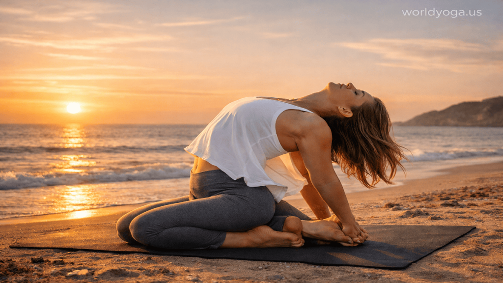 A yogi performing Camel Pose with Cow Face leg position outdoors during sunrise with balanced deep spinal extension.