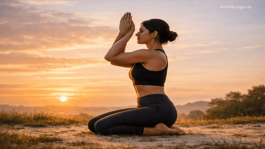 Yoga practitioner performing kneeling Garuda pose outdoors at sunrise, emphasizing shoulder stretch and posture.