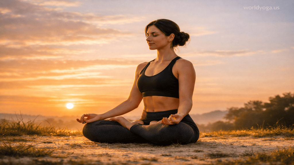 Yoga practitioner in Lotus Pose variation at sunrise with knees close to the ground in a peaceful outdoor setting.