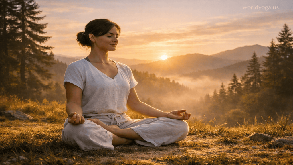 Ardha Kamalamunyasana. A person practicing Ardha Padmasana outdoors on grass during sunrise with mountains in the background and soft golden light.