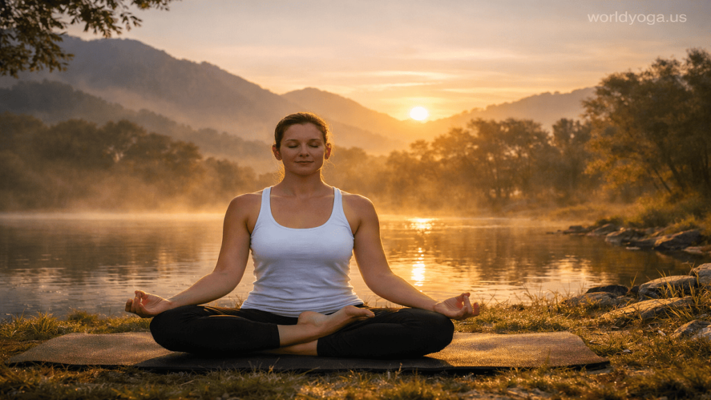 A person practicing Ardha Padmasana outdoors on grass at sunrise with mountains, mist, and warm golden light in the background.