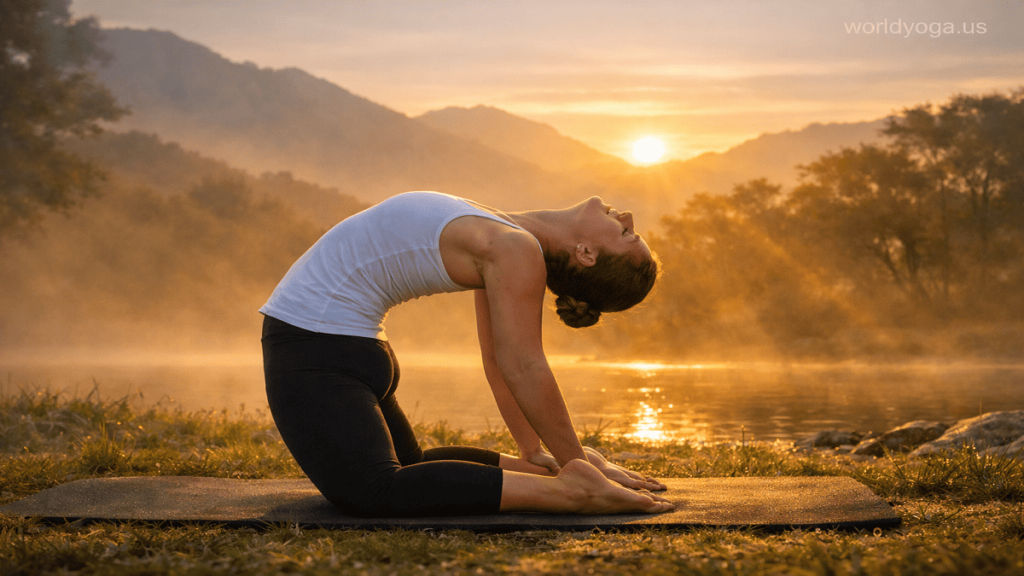 A person performing a deep kneeling backbend outdoors at sunrise with misty mountains, hands reaching toward heels and spine in controlled extension.