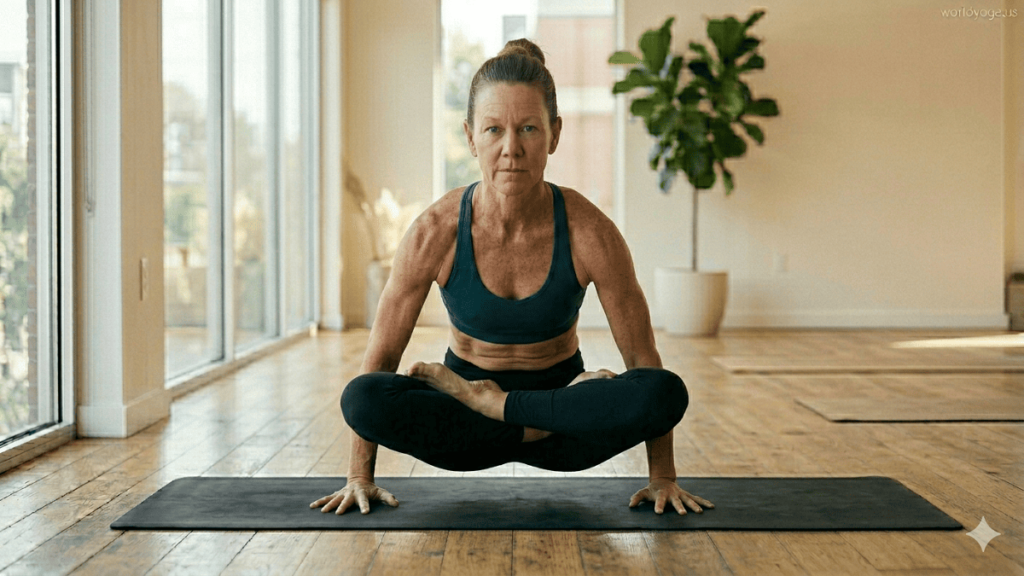 Advanced yoga practitioner performing Scales Pose (Tolasana), lifting the entire body off the ground while seated in Full Lotus with hands pressing firmly beside the hips for balance.
