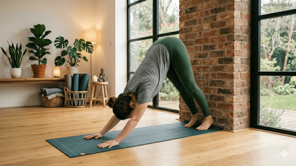 A beginner performing Downward-Facing Pose dedicated to Makara in a calm yoga studio with correct alignment and a “worldyoga.us” watermark in the top right corner.