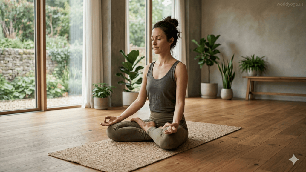 Siddhar Kamalamuni. A yoga practitioner sitting in Ardha Padmasana in a minimalist indoor studio with soft morning light, straight spine, and hands in meditation mudra.