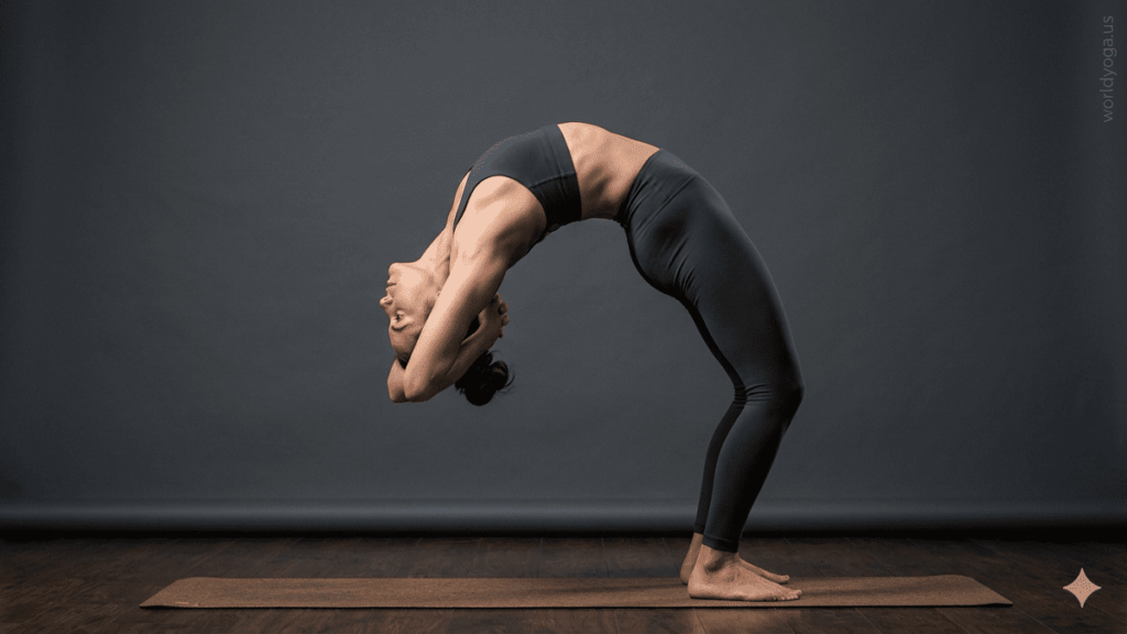 A yoga practitioner performing Bound Wheel Pose in a deep backbend inside a studio with controlled lighting and a neutral background.