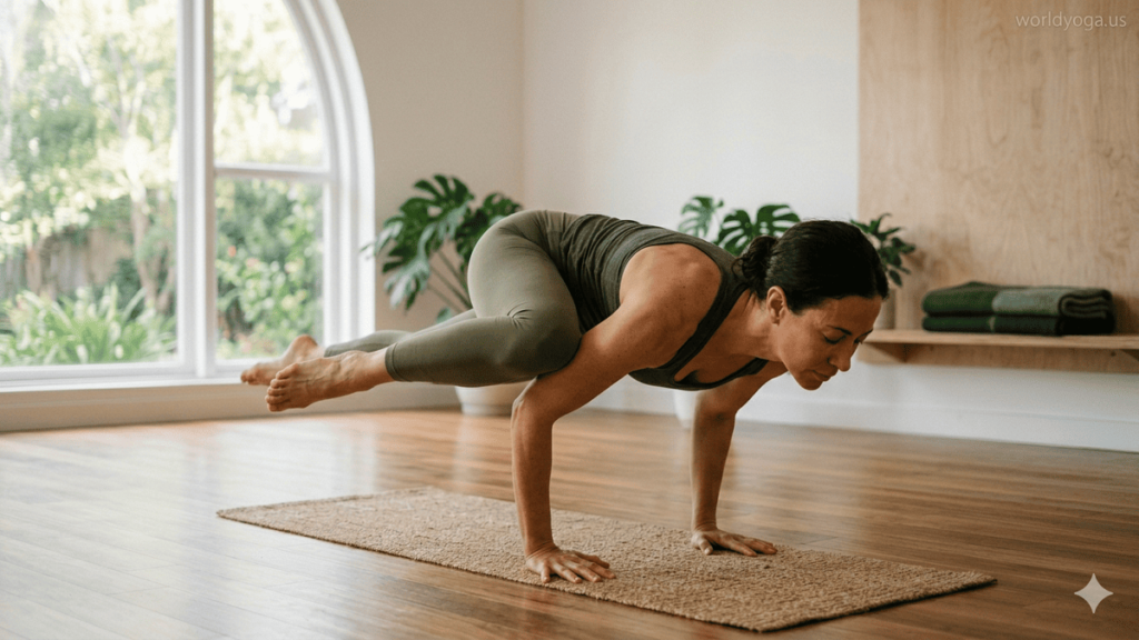 A yoga practitioner performing One Leg Over The Shoulder arm balance in a bright modern studio, balanced on hands with one leg hooked over the arm and the other extended back, with watermark “worldyoga.us” in the top right.