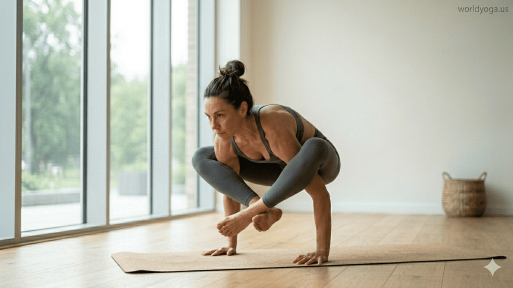 A yoga practitioner performing Shoulder Pressure Pose (Bhujapidasana), balancing on hands with legs wrapped around the upper arms, demonstrating strength and control.
