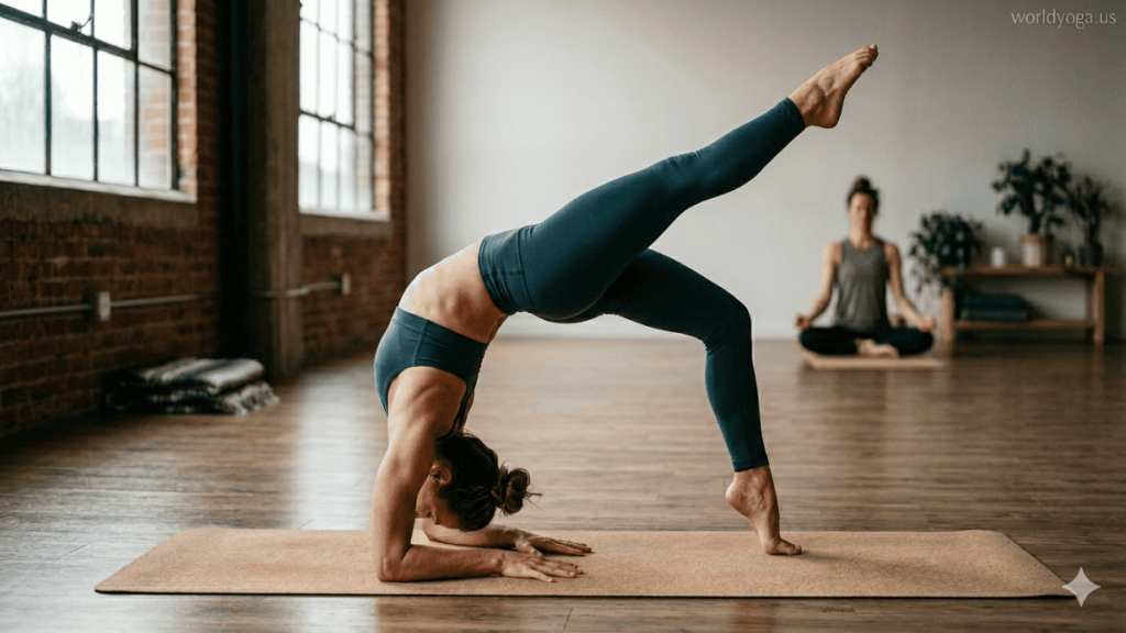 Advanced yogi performing a Forearms-on-the-Floor One-Legged Backbend with deep spinal arch, forearms grounded, one leg lifted upward, and strong core engagement in a controlled yoga studio environment.