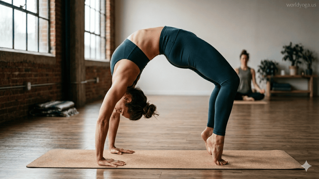 An advanced yogi performing Tip Toe Bound Wheel Pose in a deep backbend with hands and forefeet grounded, heels lifted, chest open, and strong spinal arch in a calm, well-lit yoga studio environment.