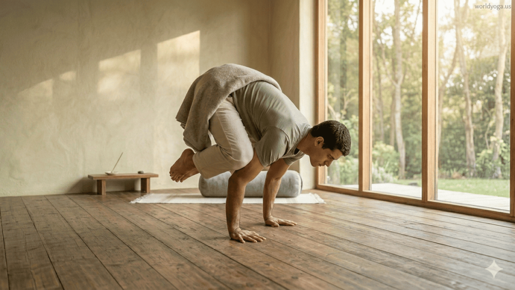 Young adult practicing Crow Pose in a sunlit yoga studio, demonstrating balance and core engagement, wooden floor reflections visible, watermark "worldyoga.us" in top-right corner.